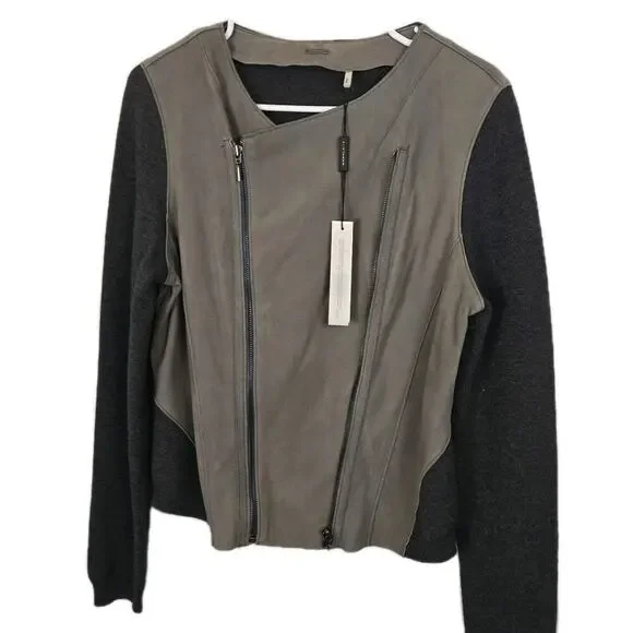 ELIE TAHARI $898 JOPLIN Genuine Lamb Leather MerinoWool Asymmetric Moto Jacket M - Picture 2 of 14